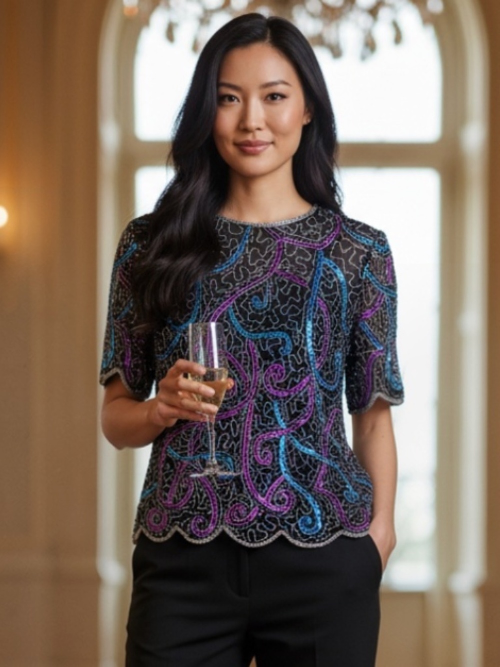 Vtg Scala 2X 20 XXL Top Shirt Beaded Sequin Evening SILK Black Party New Years